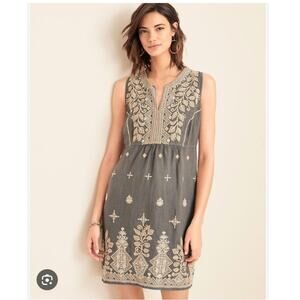 Johnny Was Gray and Cream Embroidered Midi Dress